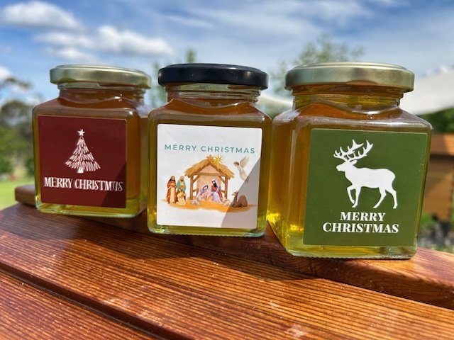 Feast Honey jars finished with bespoke Christmas labels